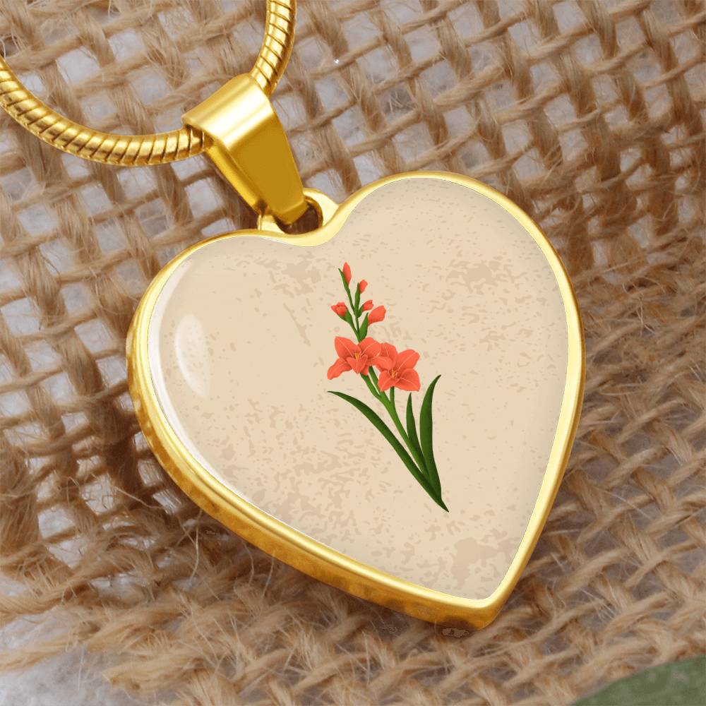 Gladiolus August Birth Flower Heart Luxury Necklace