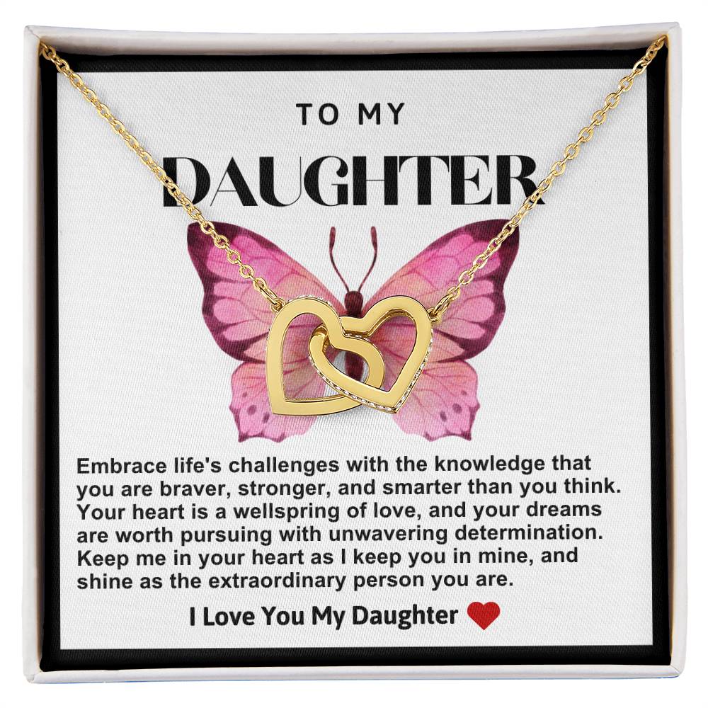 Daughter Double Heart Necklace- Pink Butterfly