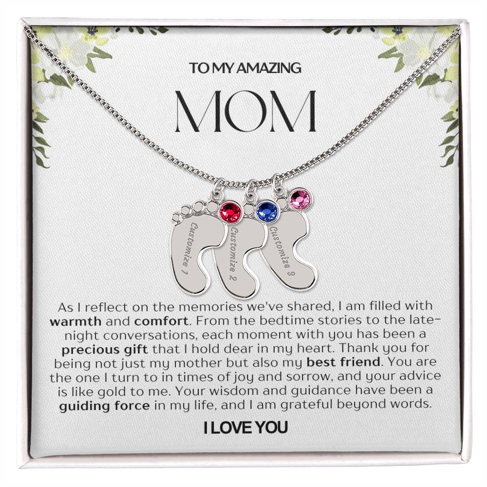 Personalized Engraved Mom Baby Feet Necklace With Birthstone