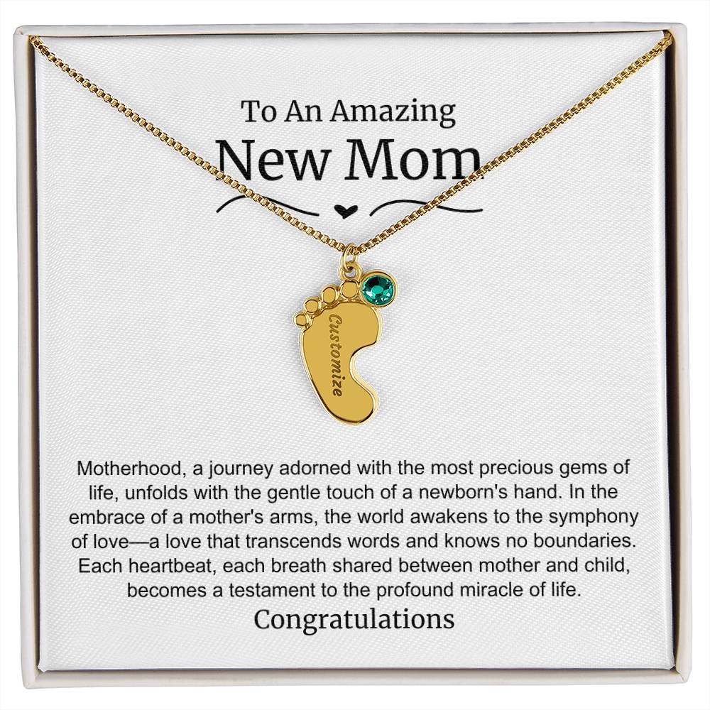 New Mom Baby Feet Birthstone Necklace