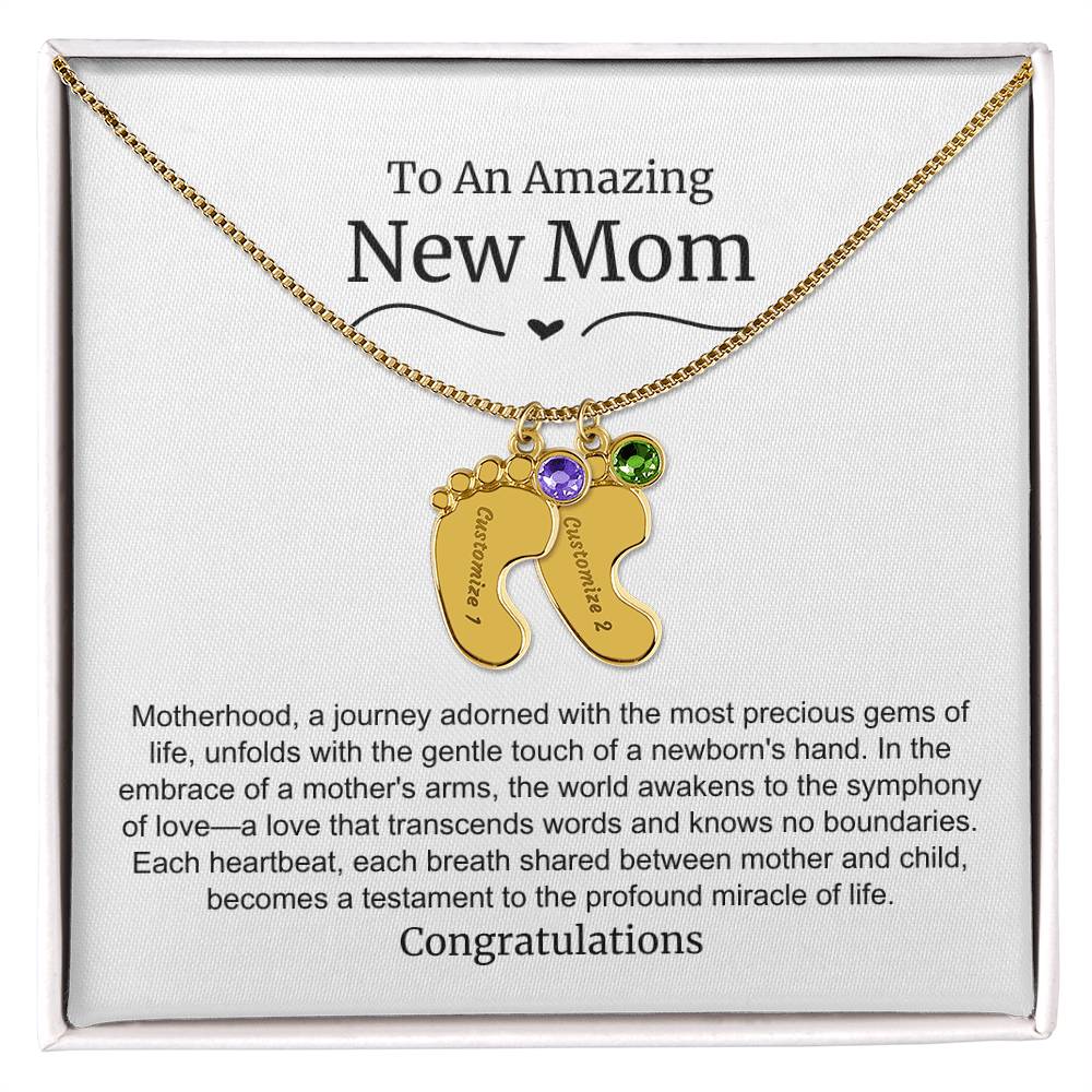 New Mom Baby Feet Birthstone Necklace