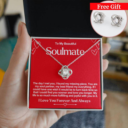 To My Beautiful Soulmate Love Knot Necklace and Free Gift Earrings