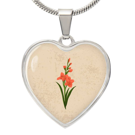 Gladiolus  August Birth Flower Heart Luxury Necklace