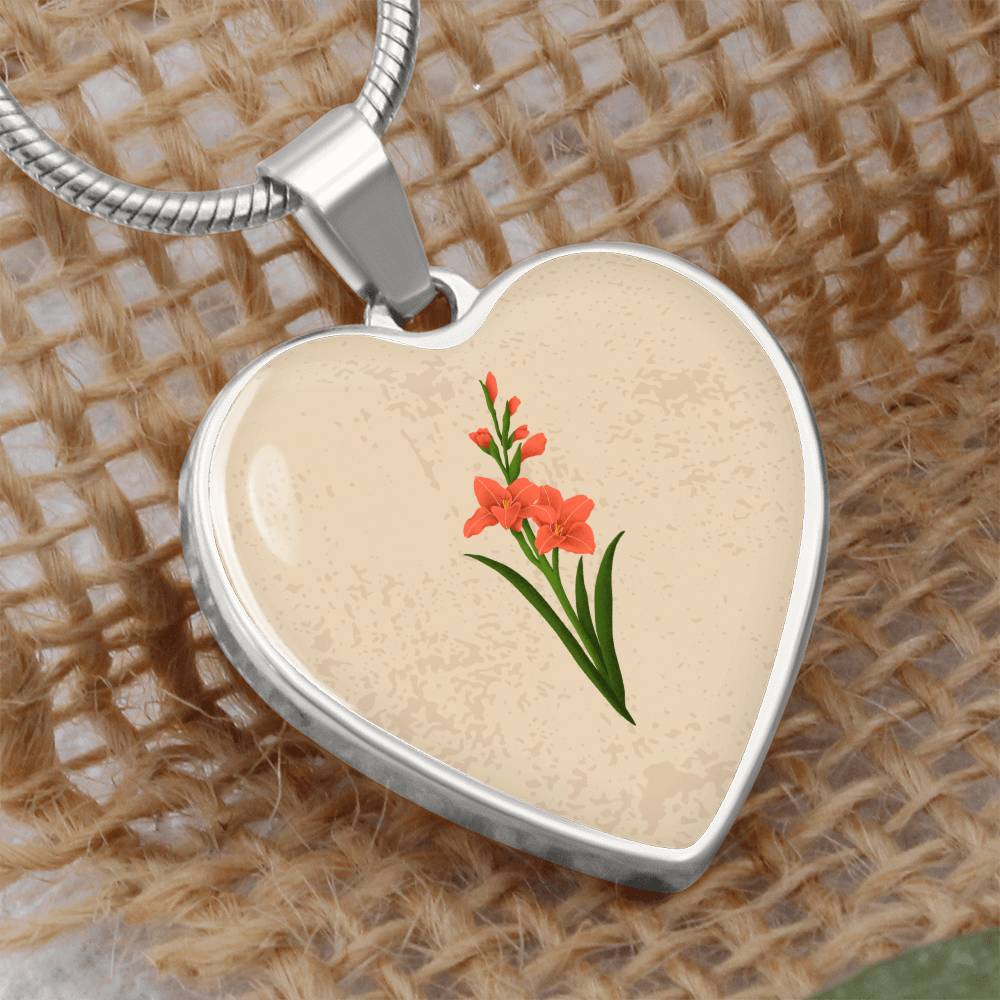 Gladiolus  August Birth Flower Heart Luxury Necklace