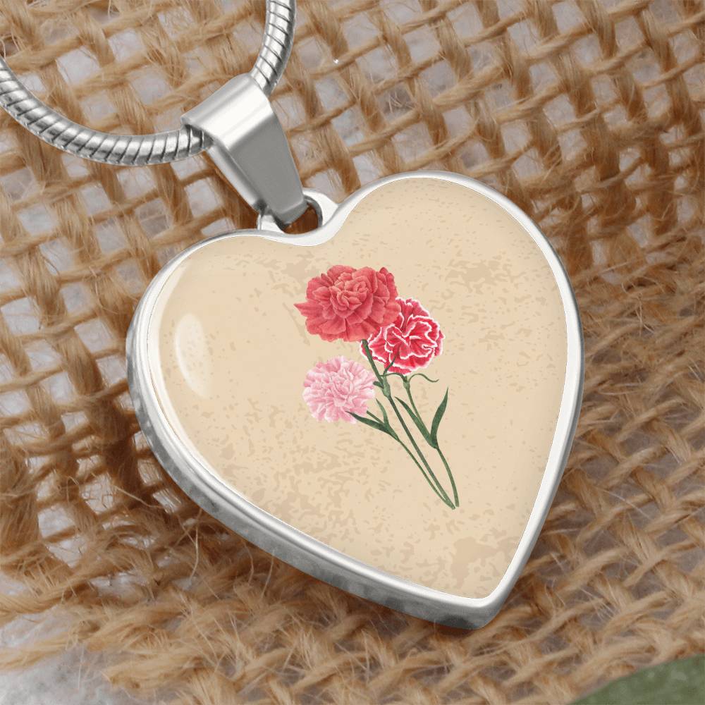 Carnation January Birth Flower Heart Luxury Necklace