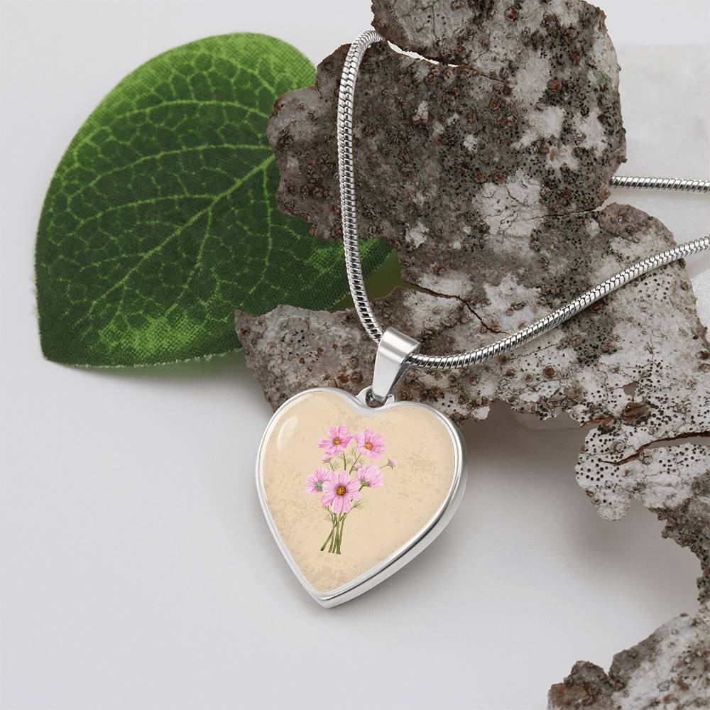 Cosmos October Birth Flower Heart Luxury Necklace