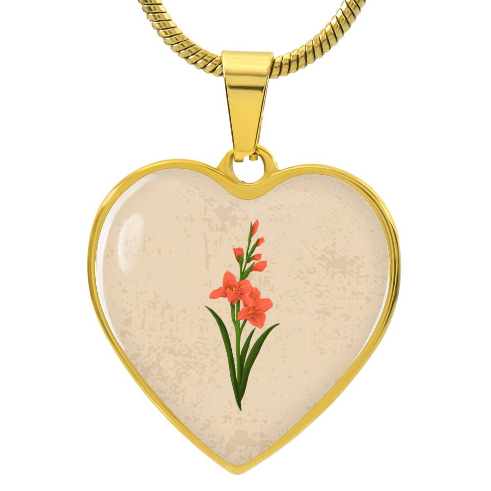 Gladiolus  August Birth Flower Heart Luxury Necklace