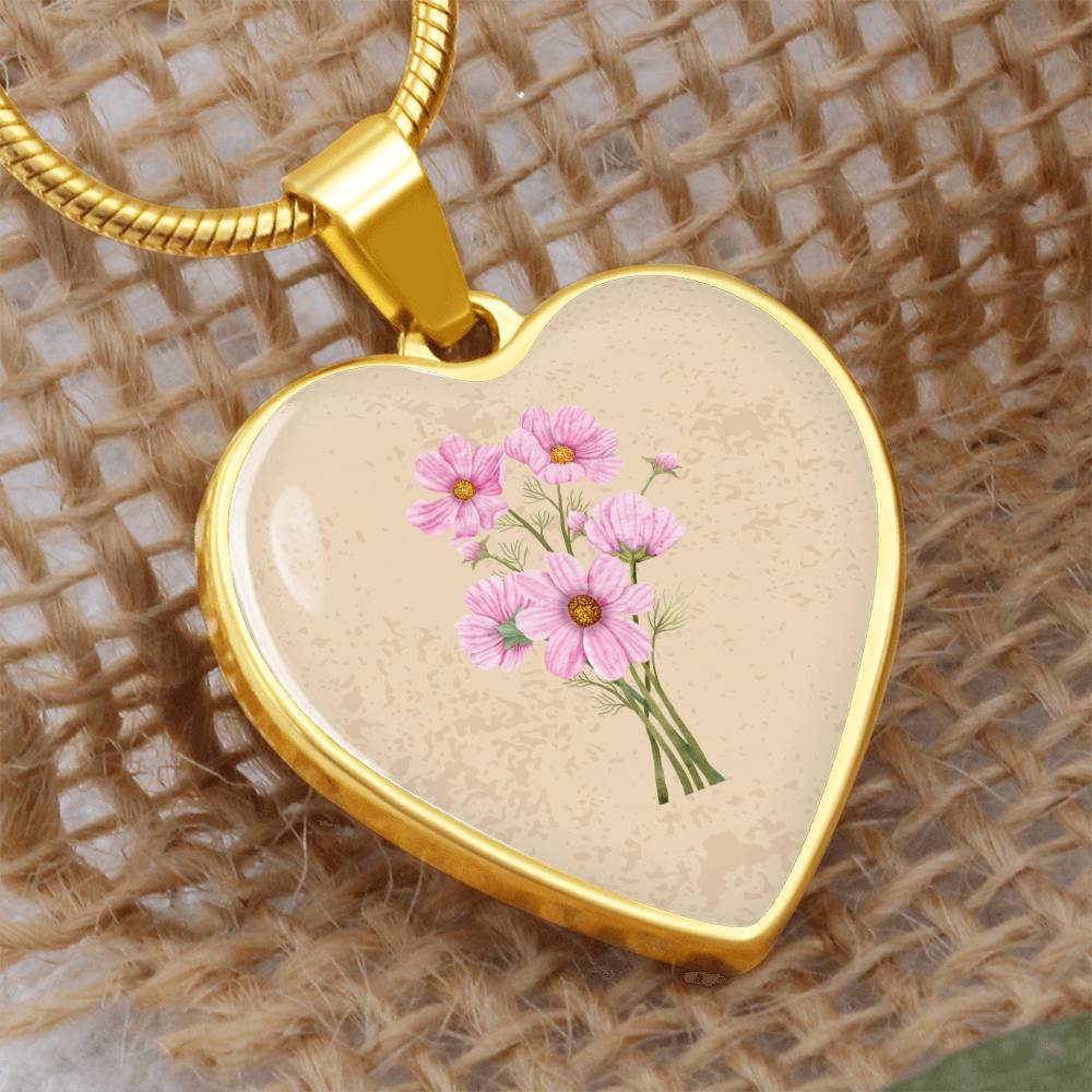 Cosmos October Birth Flower Heart Luxury Necklace