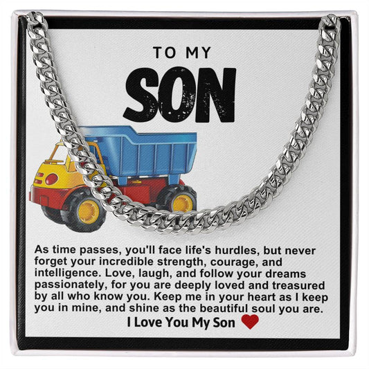 Son Cuban Chain Necklace- Blue And Yellow Dump Truck