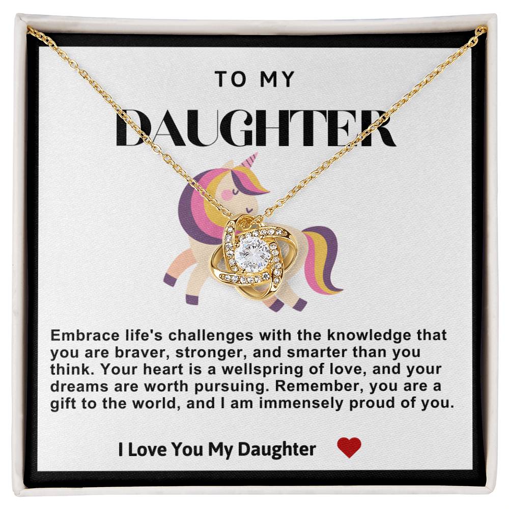 Daughter Pink Unicorn Love Knot Necklace