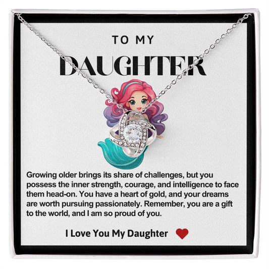 Daughter Pink Hair Mermaid Love Knot Necklace