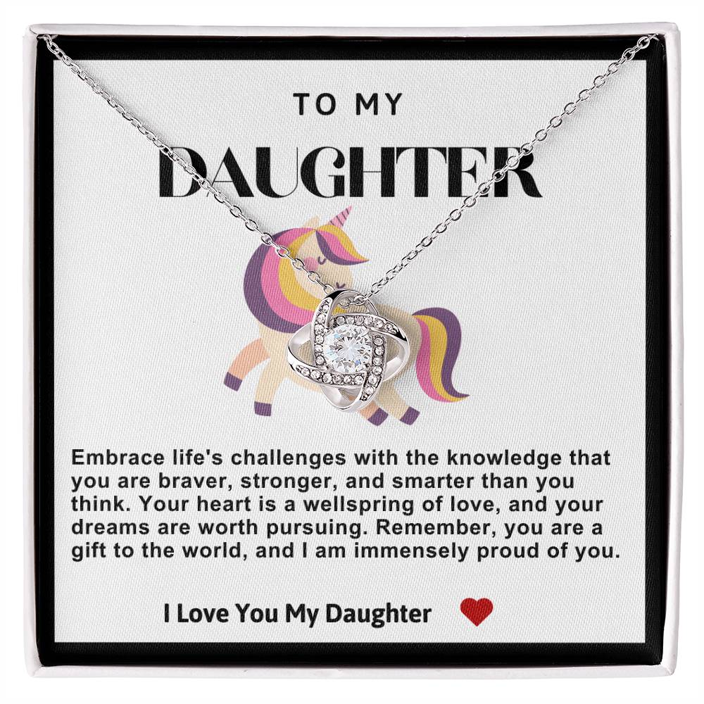 Daughter Pink Unicorn Love Knot Necklace