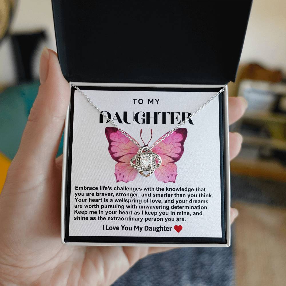 Daughter Pink Butterfly Love Knot Necklace