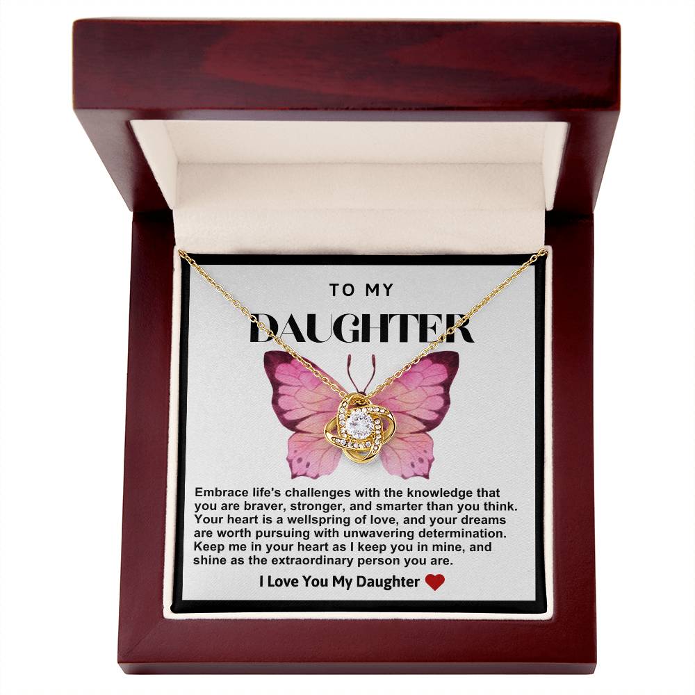 Daughter Pink Butterfly Love Knot Necklace