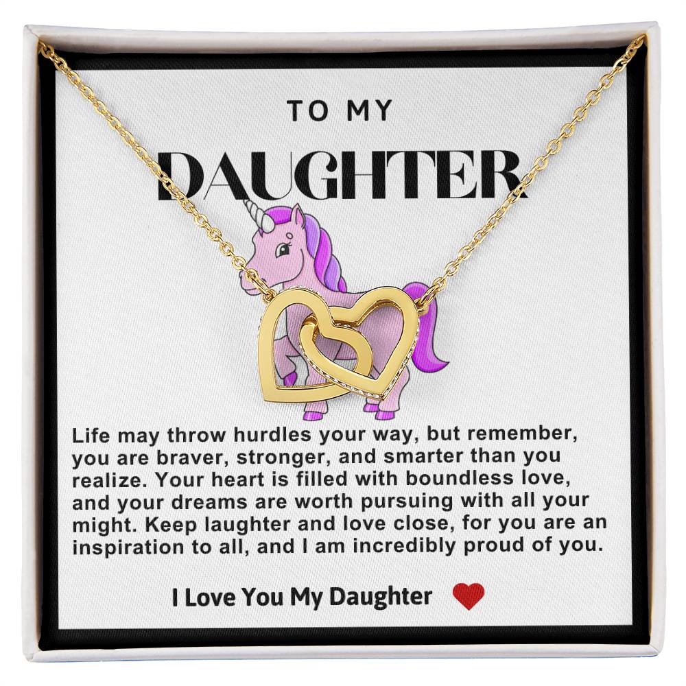 Daughter Double Heart Necklace- Pink Unicorn