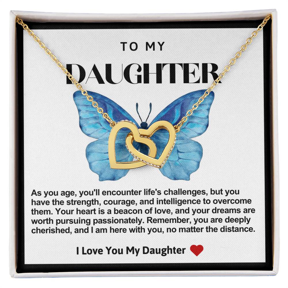 Daughter Double Heart Necklace- Blue Butterfly