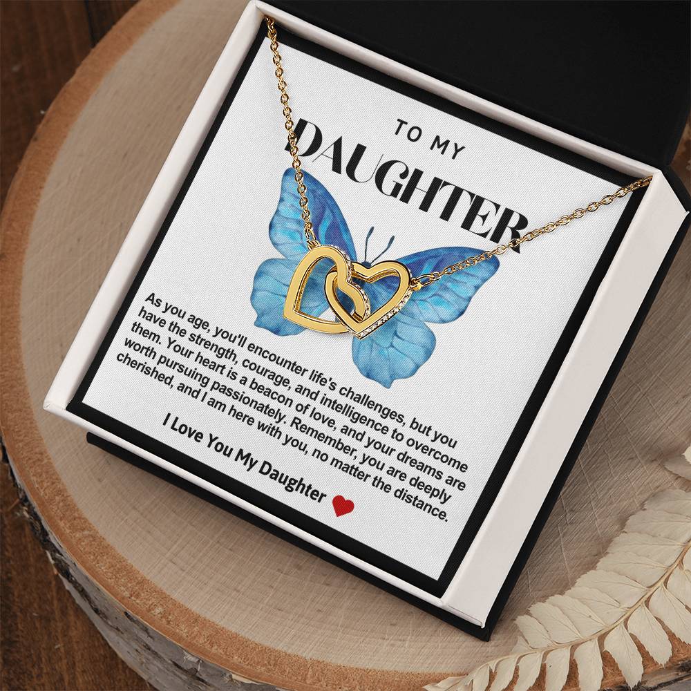 Daughter Double Heart Necklace- Blue Butterfly