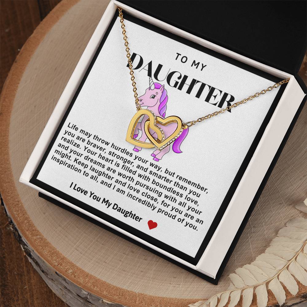 Daughter Double Heart Necklace- Pink Unicorn