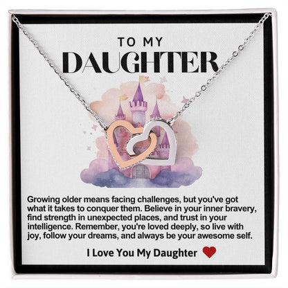 Daughter Double Heart Necklace- Pink Castle