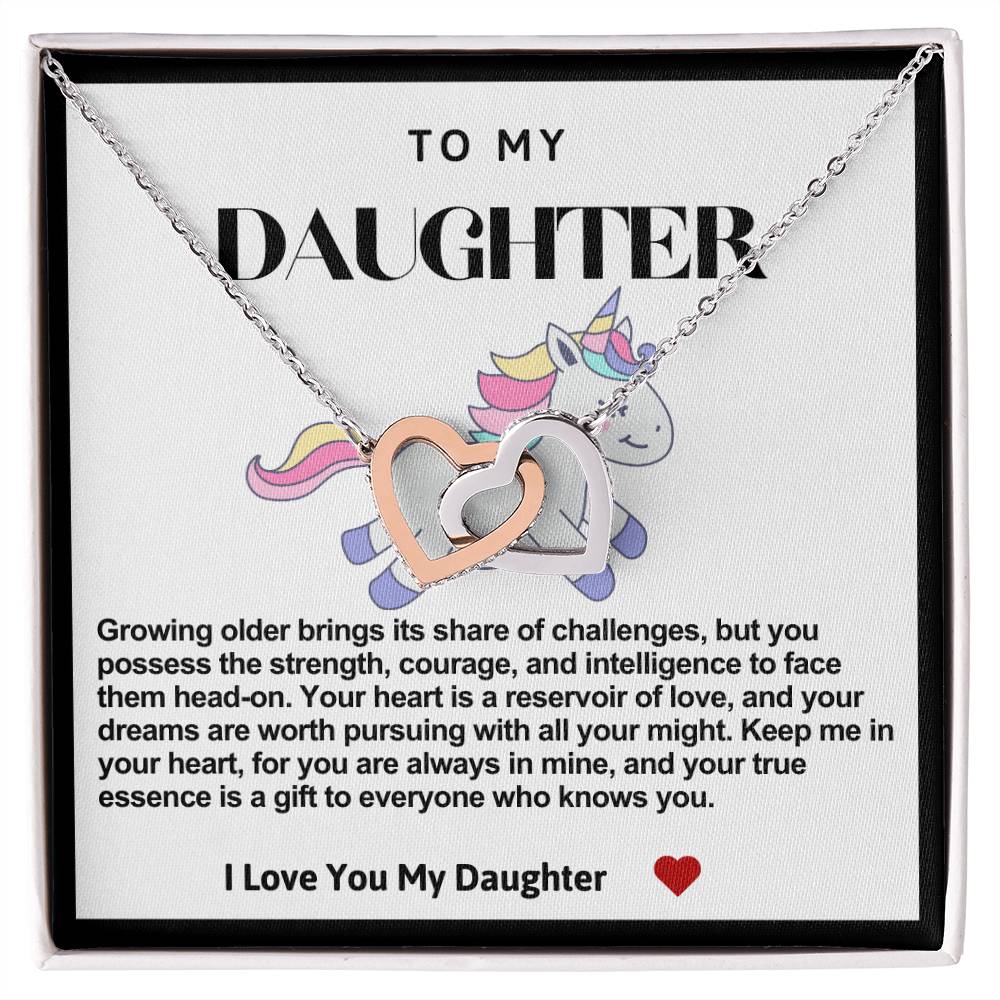 Daughter Double Heart Necklace-Blue Unicorn