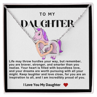 Daughter Double Heart Necklace- Pink Unicorn