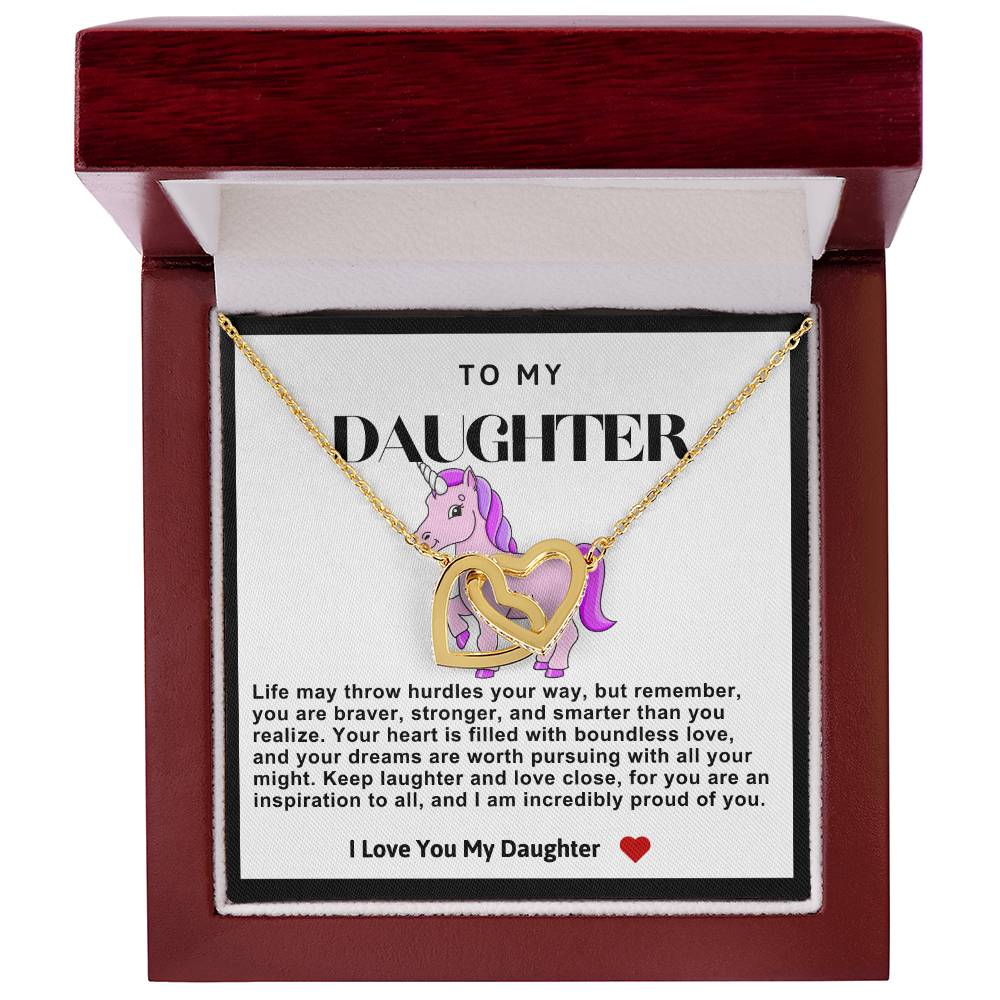 Daughter Double Heart Necklace- Pink Unicorn