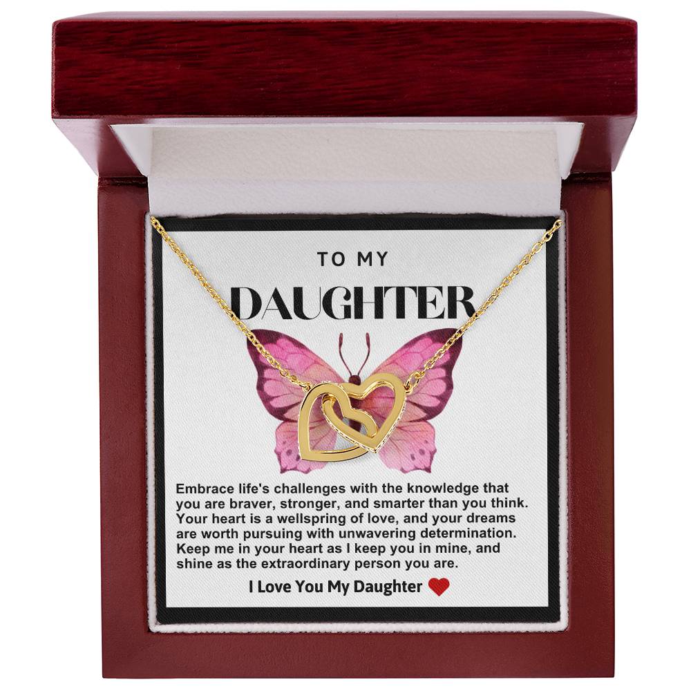 Daughter Double Heart Necklace- Pink Butterfly