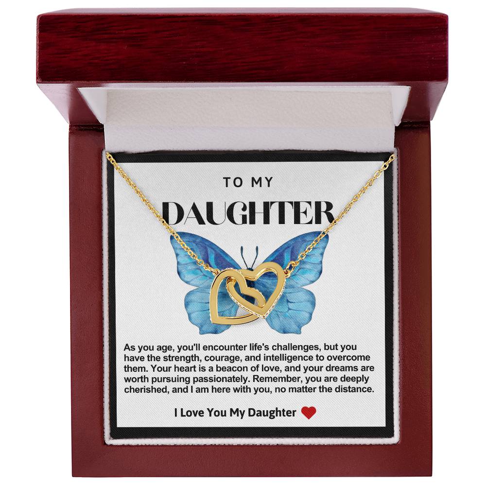 Daughter Double Heart Necklace- Blue Butterfly