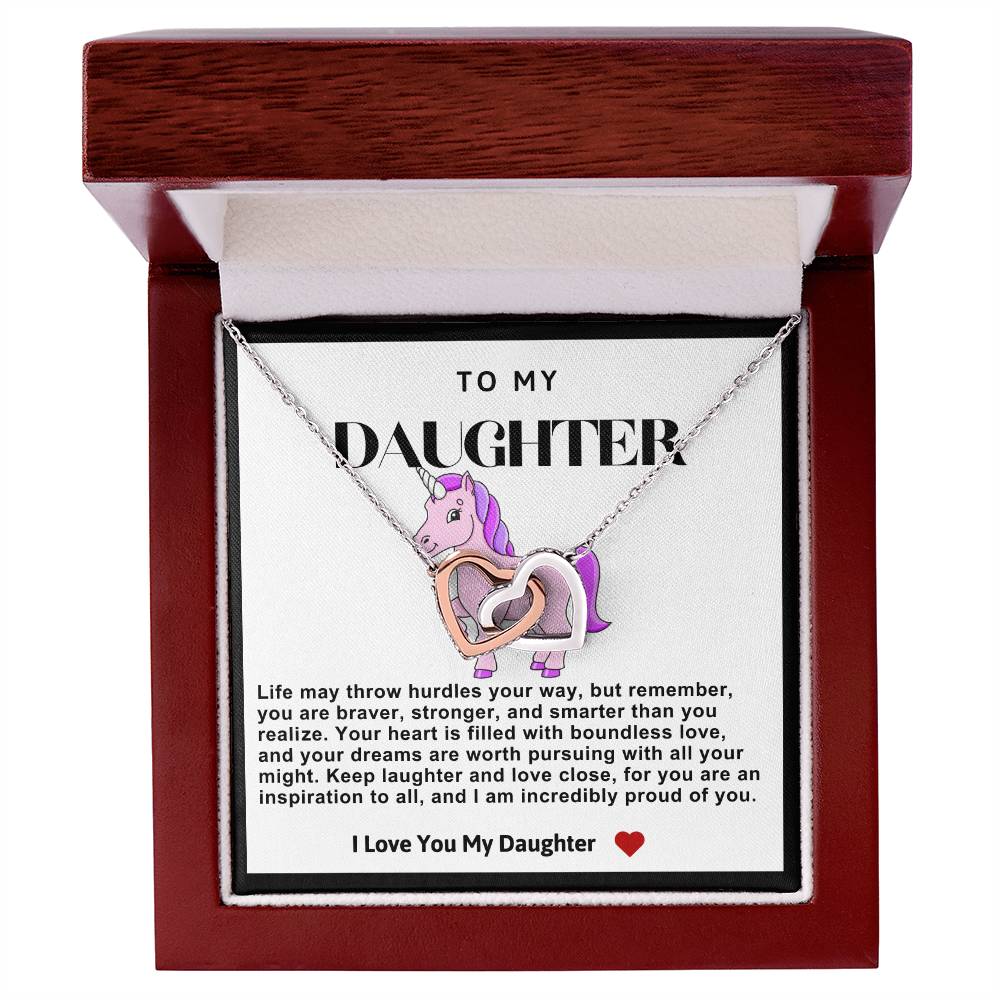 Daughter Double Heart Necklace- Pink Unicorn