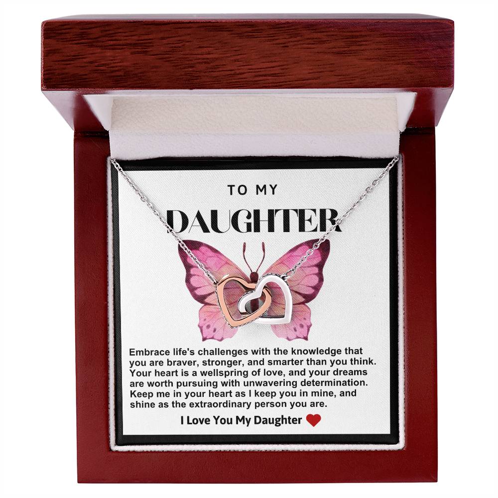 Daughter Double Heart Necklace- Pink Butterfly