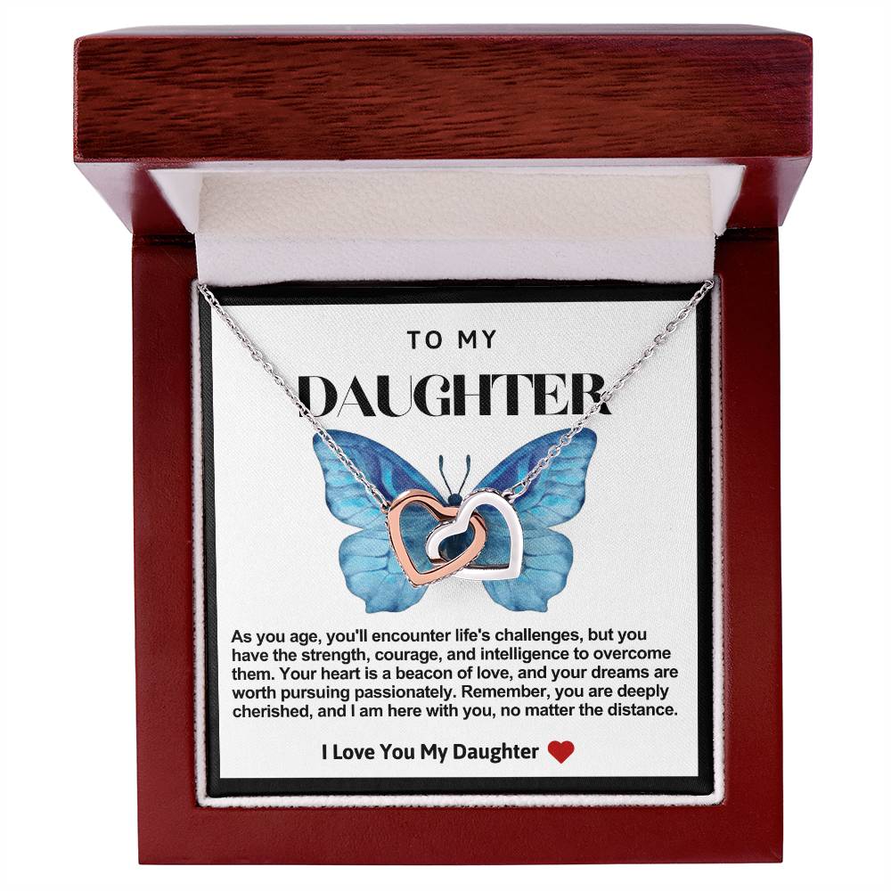 Daughter Double Heart Necklace- Blue Butterfly