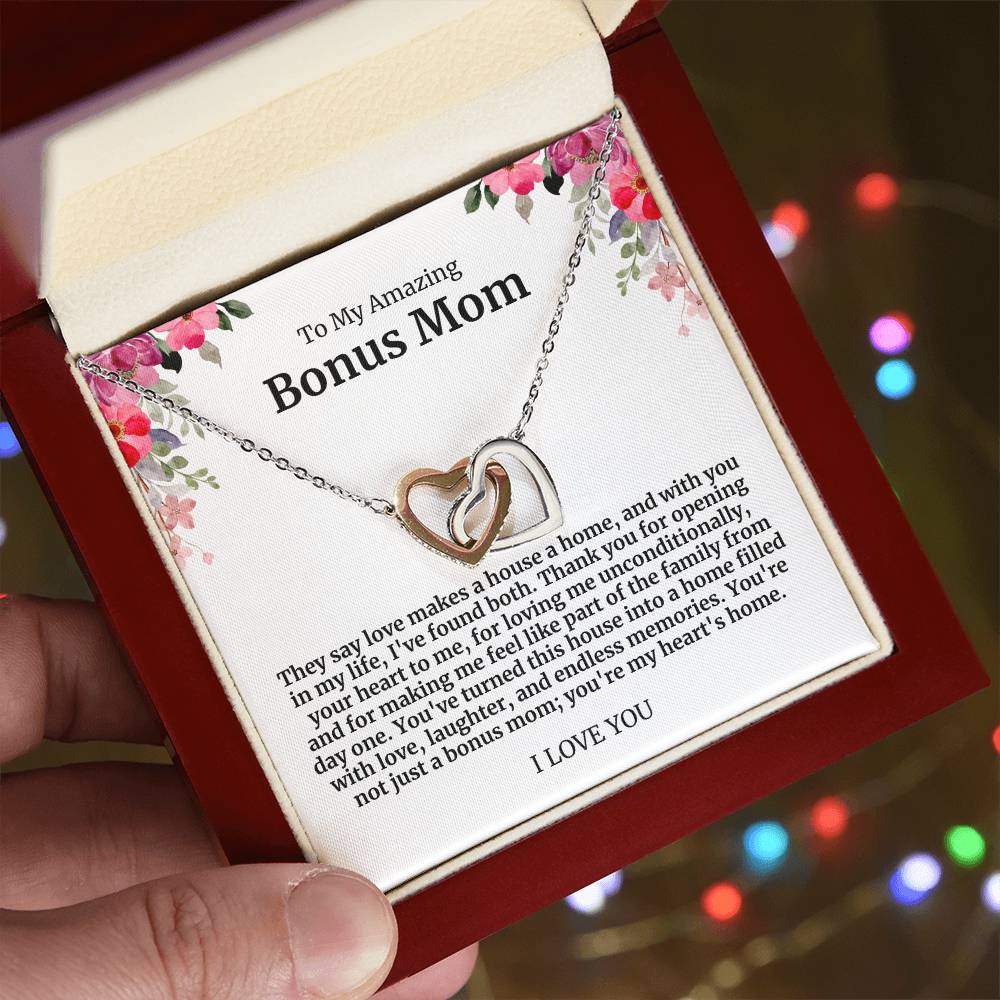 To My Amazing Bonus Mom Double Hearts Necklace