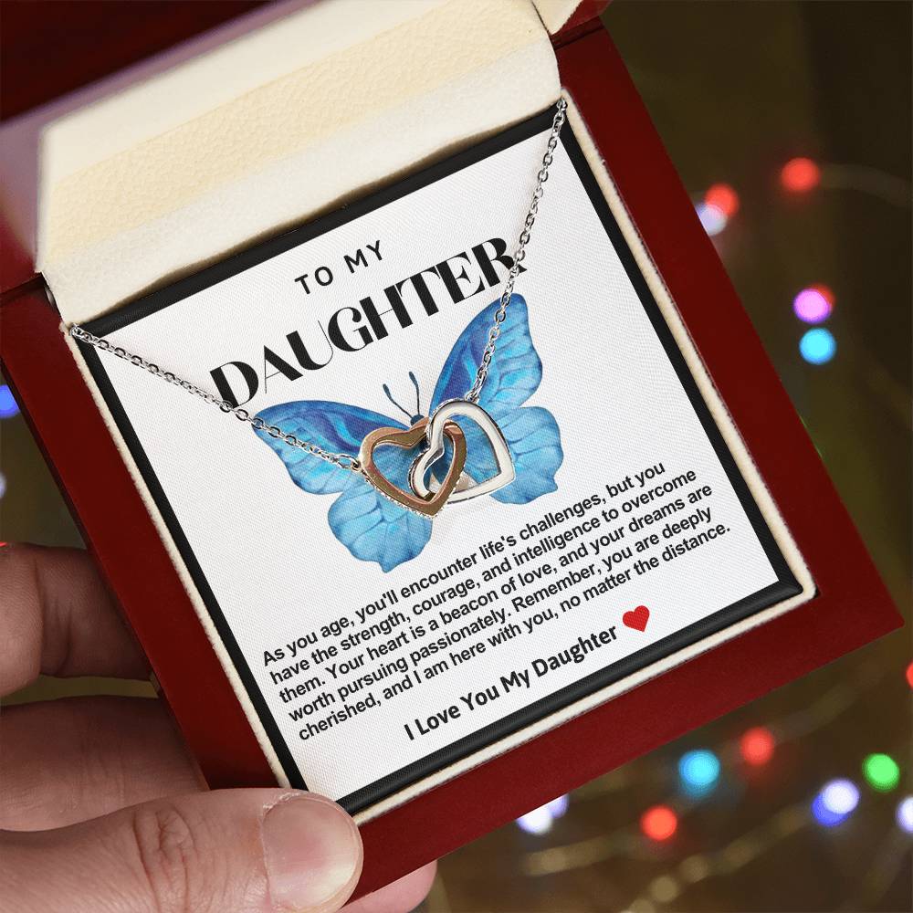 Daughter Double Heart Necklace- Blue Butterfly