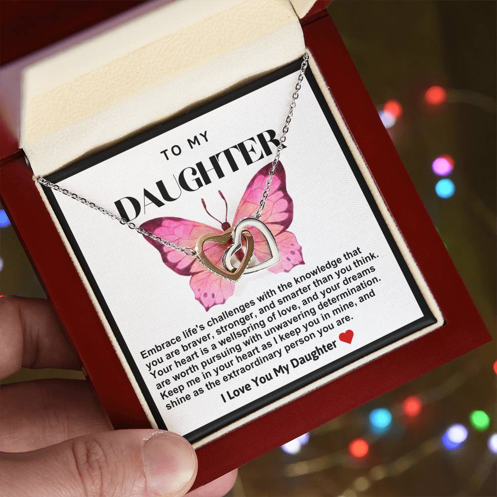 Daughter Double Heart Necklace- Pink Butterfly