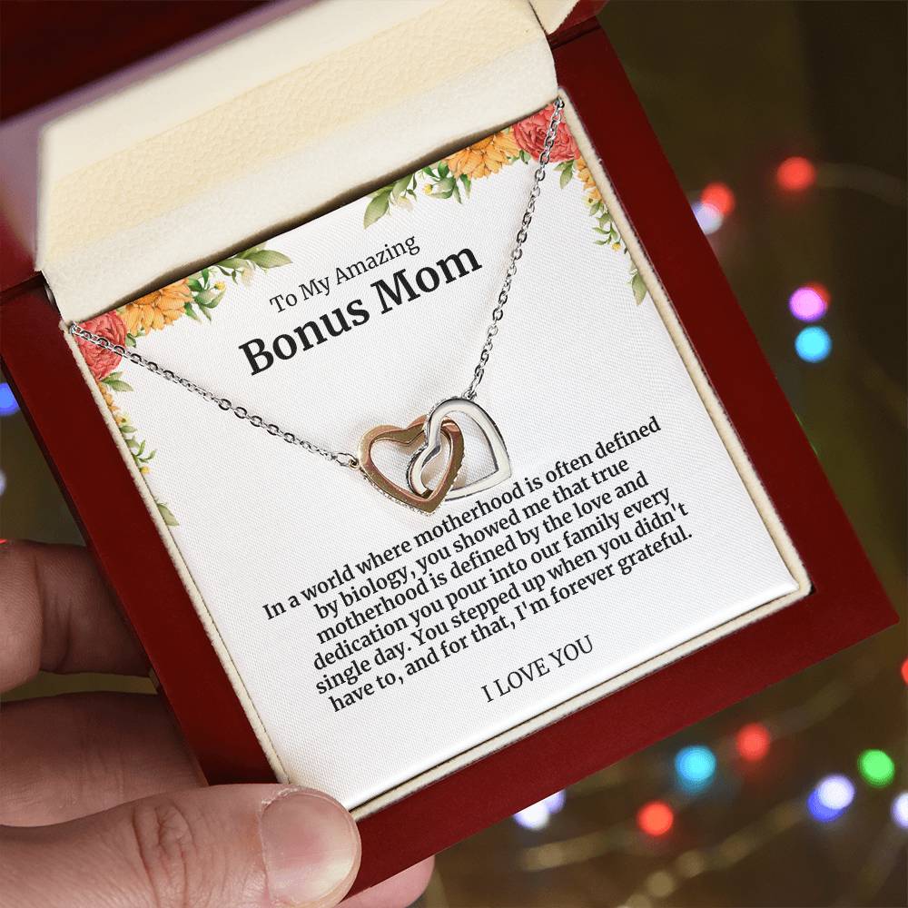 To My Amazing Bonus Mom Double Hearts Necklace