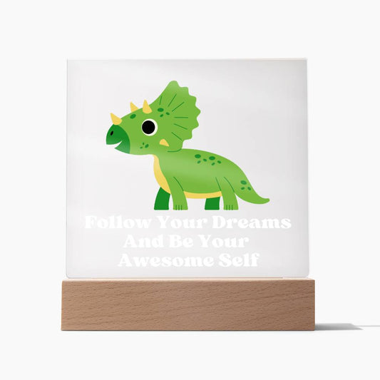 Square Night Light Plaque - Be Your Awesome Self Green Dinosaur