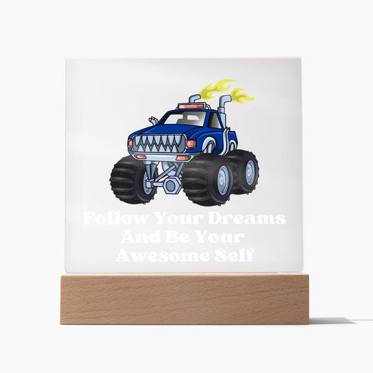 Square Night Light Plaque - Be Your Awesome Self Blue Monster Truck