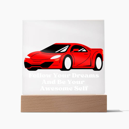 Square Night Light Plaque - Be Your Awesome Self Red Sports Car