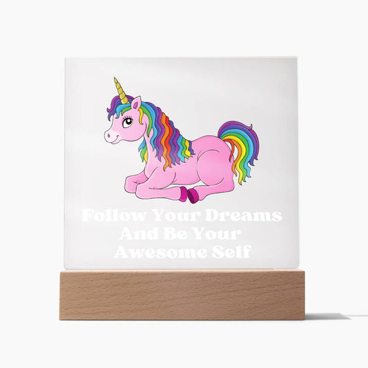 Square Night Light Plaque - Be Your Awesome Self Pink Unicorn