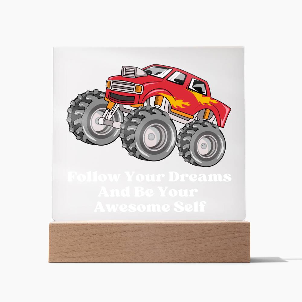 Square Night Light Plaque - Be Your Awesome Self Red Monster Truck