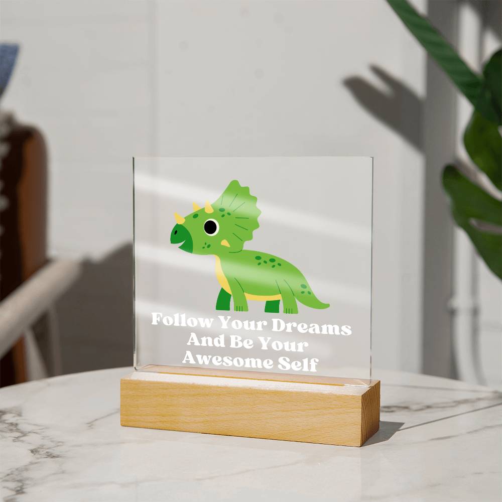 Square Night Light Plaque - Be Your Awesome Self Green Dinosaur
