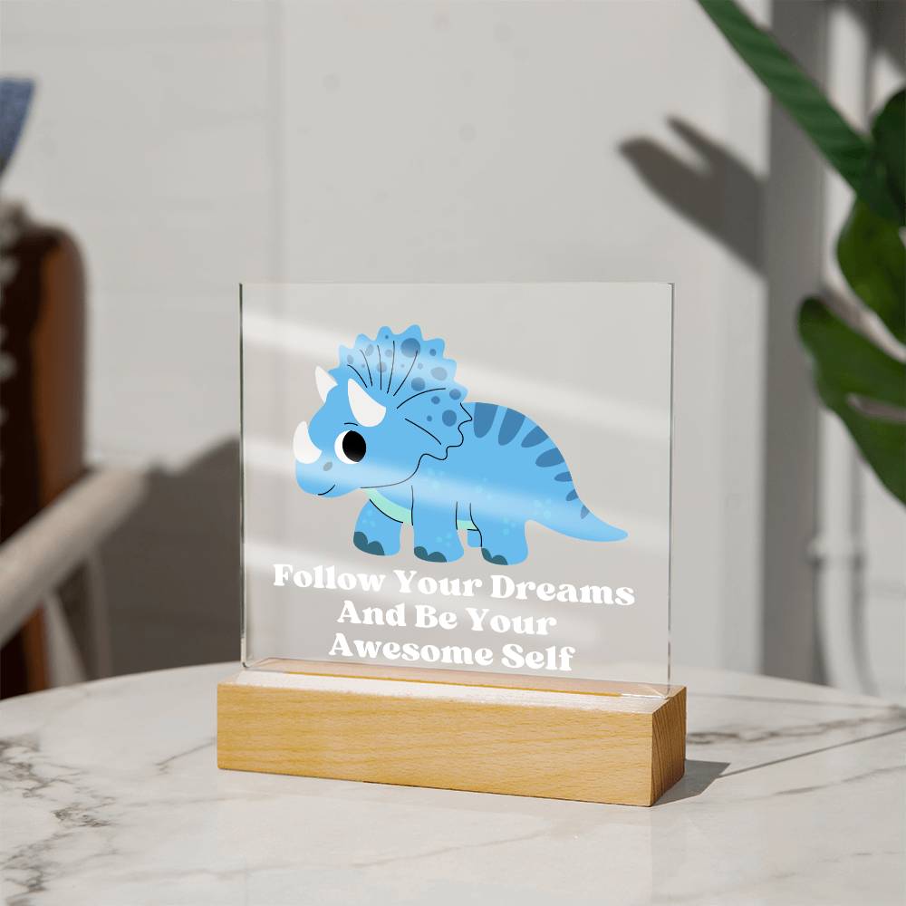 Square Night Light Plaque - Be Your Awesome Self Blue Dinosaur