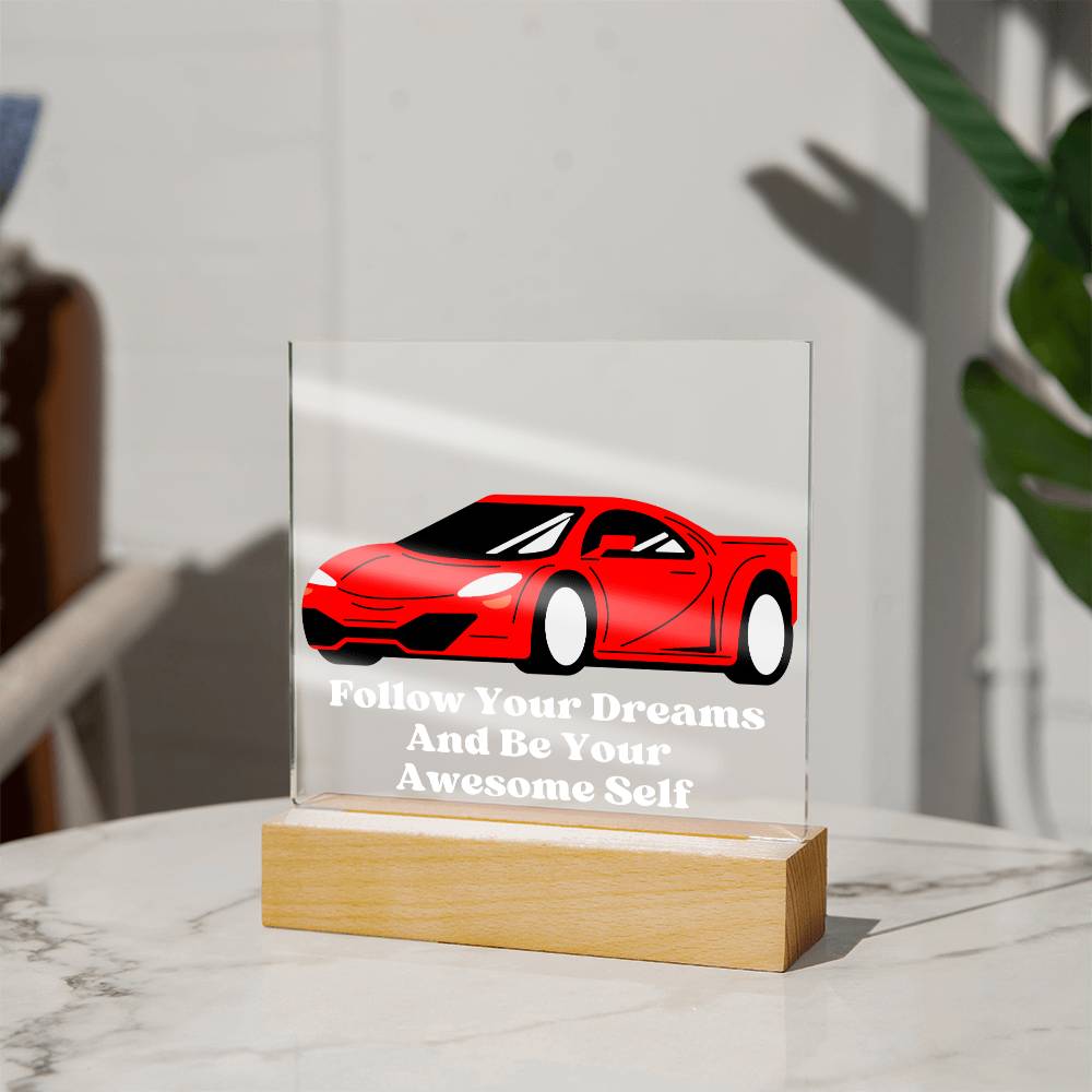 Square Night Light Plaque - Be Your Awesome Self Red Sports Car