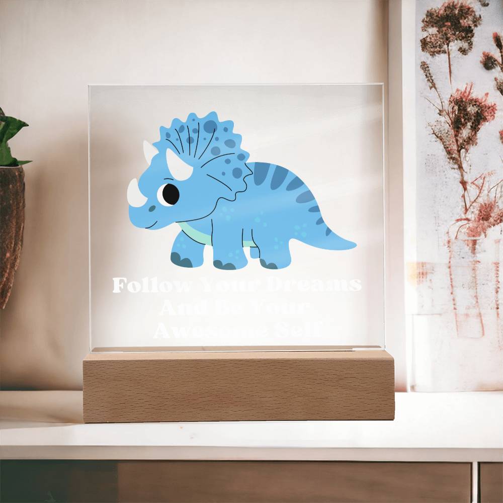 Square Night Light Plaque - Be Your Awesome Self Blue Dinosaur