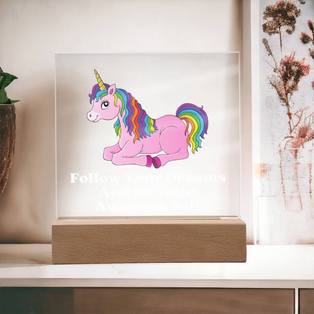 Square Night Light Plaque - Be Your Awesome Self Pink Unicorn