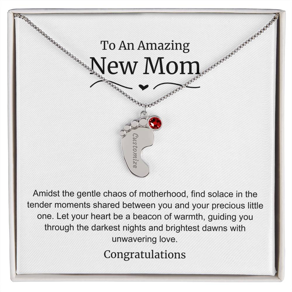 New Mom Baby Feet Birthstone Necklace