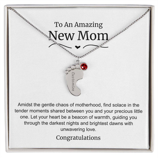 New Mom Baby Feet Birthstone Necklace