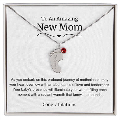 New Mom Baby Feet Birthstone Necklace