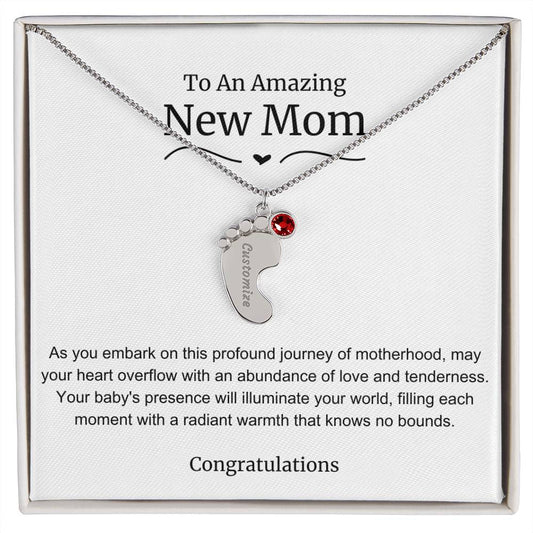 New Mom Baby Feet Birthstone Necklace