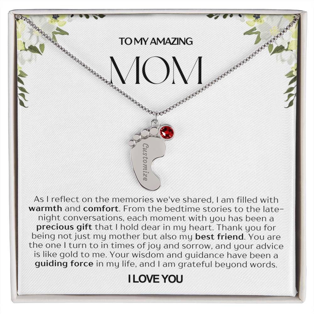 Personalized Engraved Mom Baby Feet Necklace With Birthstone